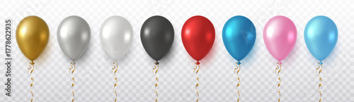 3d realistic vector icon illustration. Set collection of different color balloons, golden, white,