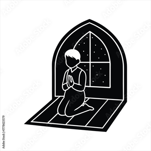 Silhouette of a child praying on their knees in front of a star-filled window