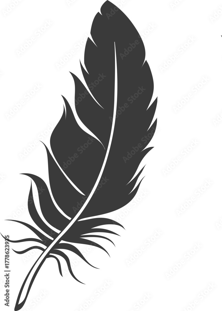 Fototapeta premium Feathers vector icon . Black bird feather silhouette collection. Plume symbol of lightness. Quill pen for writing, letter, poetry. Vintage retro writer logo design.Retro writer, literature, 