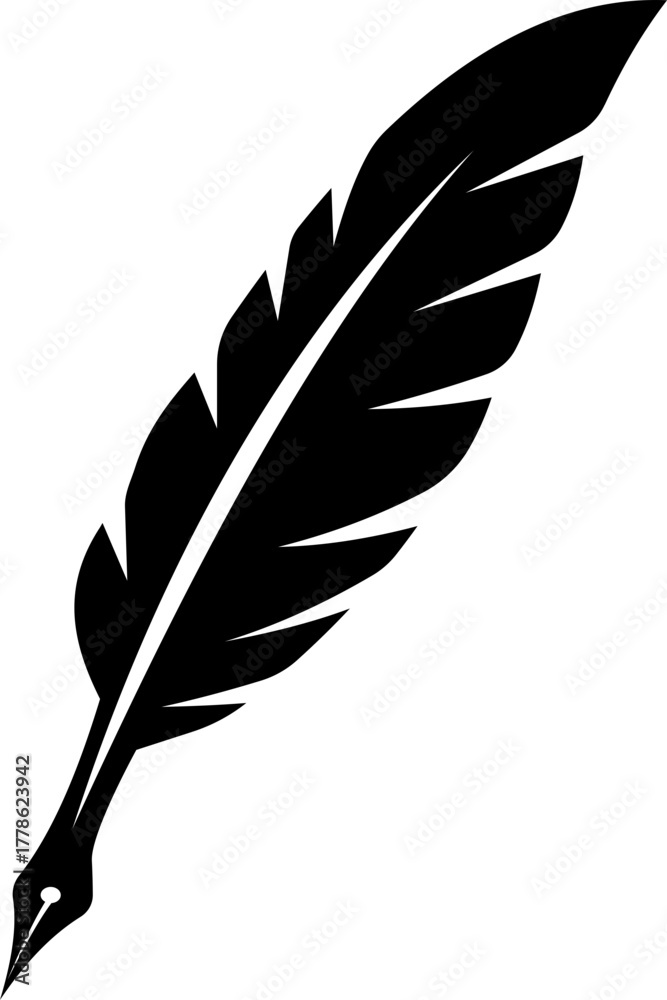 Fototapeta premium Feathers vector icon . Black bird feather silhouette collection. Plume symbol of lightness. Quill pen for writing, letter, poetry. Vintage retro writer logo design.Retro writer, literature, 