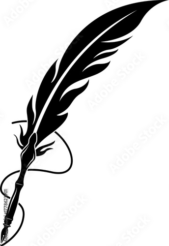 Feathers vector icon . Black bird feather silhouette collection. Plume symbol of lightness. Quill pen for writing, letter, poetry. Vintage retro writer logo design.Retro writer, literature, 