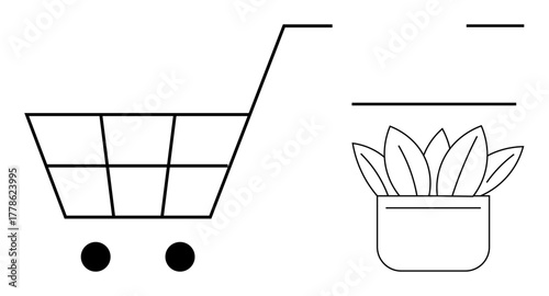 Minimalist shopping cart and plant pot combination for promoting sustainability, conscious consumption, and shopping habits. Ideal for retail, eco-awareness, growth, simplicity, sustainability