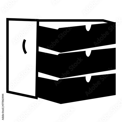 Black and white minimalist vector of a cabinet with multiple drawers, flat design isolated on white background.