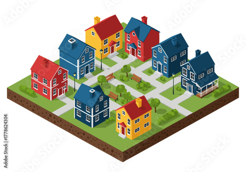 Isometric village illustration featuring colorful houses, pathways, and green spaces, ideal for community concepts