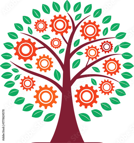 Green tree with orange gears instead of fruit illustrating growth