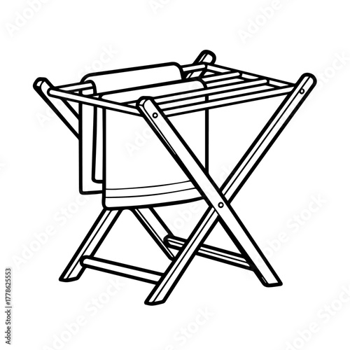 Illustration of a wooden clothes drying rack with towels, a household laundry item for air-drying clothes and textiles, promoting efficient home care
