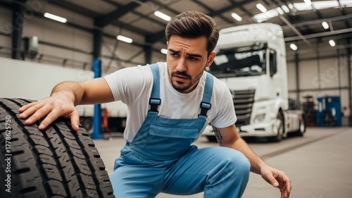 Mechanic inspecting a truck tire in a garage