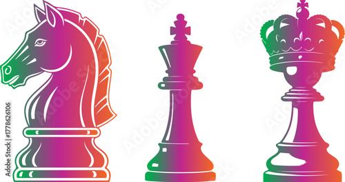Gradient chess pieces knight king and queen standing against a black background