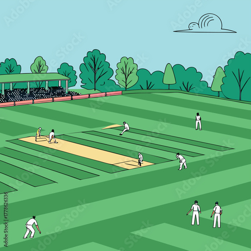 Cricket Match: A vibrant illustration depicts a lively cricket match in full swing on a meticulously maintained field, with players actively engaged in the game under a clear sky. 