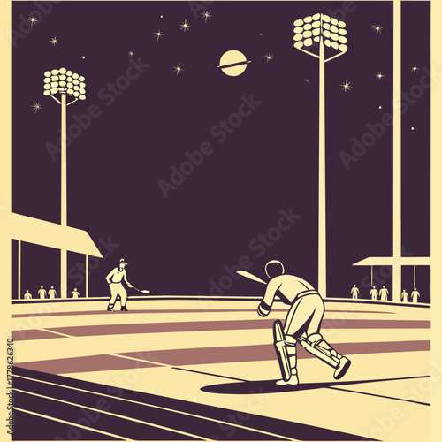 Cricket Night: A vintage-style illustration captures a dynamic cricket match under the night sky. The floodlights illuminate the field as the batsman readies to hit.