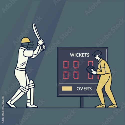 Cricket Match Moment: Capturing the intense focus and dynamic action of a cricket match, featuring a batsman preparing to strike, facing off against a vigilant wicketkeeper.