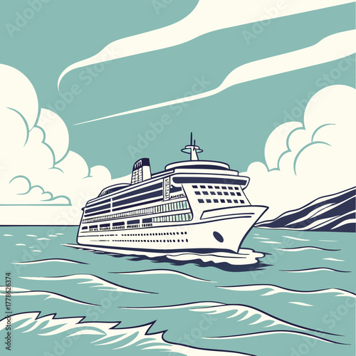Cruising the Horizon: A majestic cruise ship sails serenely across a vast ocean. The scene depicts travel and adventure under a boundless sky.