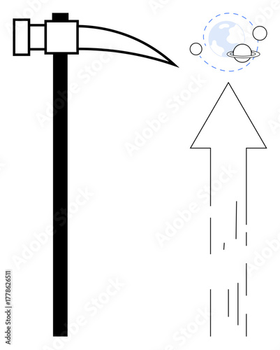 Pickaxe alongside upward arrow and planet with orbiting satellite. Ideal for progress, mining, innovation, exploration, technology, growth, space. Simple flat metaphor