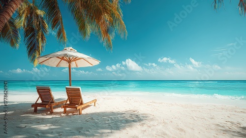 Tropical Beach Scene Featuring Empty Lounge Chairs and Umbrella Under Shade with Turquoise Ocean and White Sand