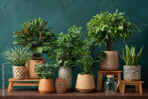 Various Potted Green Plants Displayed On Wooden Surfaces Against Teal Background