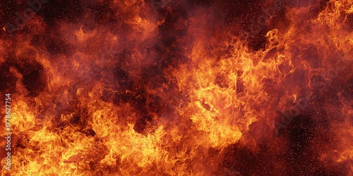 Vibrant Inferno Displaying Intense Flames and Scattered Sparks in Dark Background