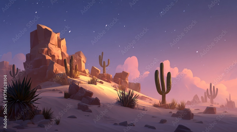 Naklejka premium Serene Desert Landscape with Cacti at Dusk under Starry Sky