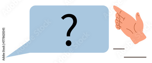 Blue speech bubble with large question mark and raised hand examining or emphasizing communication, inquiry, or question resolution. Ideal for communication, help, advice, curiosity, support