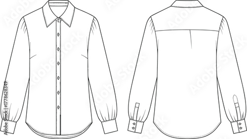 Long sleeve shirt flat, front and back view, technical drawing, CAD fashion sketch, vector apparel illustration, garment design template