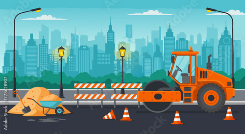 City Road Construction Scene with Roller and Skyline View Flat Illustration