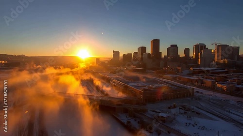 Wallpaper Mural Golden Sunrise Illuminates Snowy Cityscape with Wisps of Mist. Torontodigital.ca