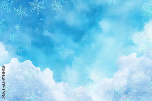 Watercolor Sky with Blue Gradient Background and White Cloud Border Texture