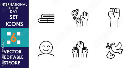 Minimalist vector icon set celebrating International Youth Day, featuring raised hands, dove, smiling face, and gender equality symbols with clean editable stroke design