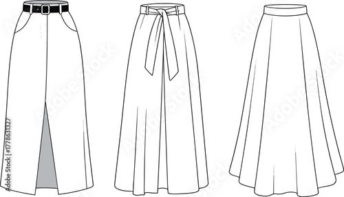 Long skirt fashion flat, technical skirt sketch, front view, high waist, flare hem, design illustration, stylish women garment
