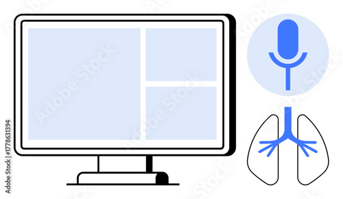 Computer screen with grid layout and microphone adjacent to bronchial lungs visual. Ideal for healthcare technology, voice analysis, telemedicine, AI interfaces, diagnostics, remote monitoring