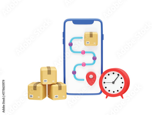 Real-time Package Delivery Tracking on Smartphone with Boxes and Clock icon 3d illustration