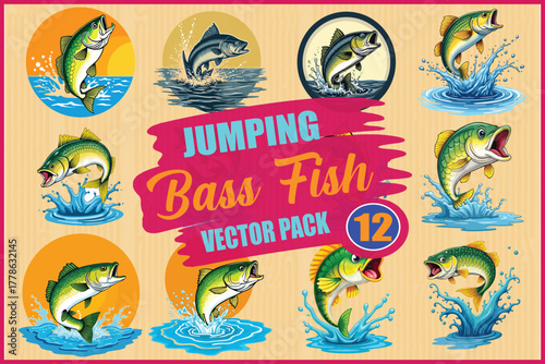 Bass fish jumping out of water vibrant vector pack