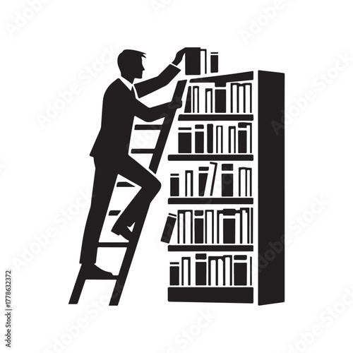 librarian climbing ladder vector silhouette clip art logo design illustration