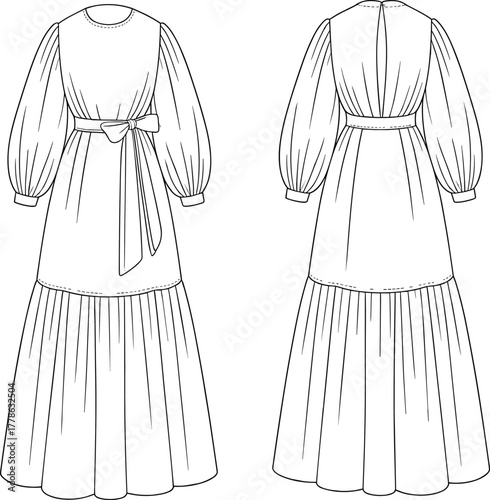 Long sleeve belted maxi dress fashion technical sketch, back and front view, detailed outline, cad drawing, flat vector illustration