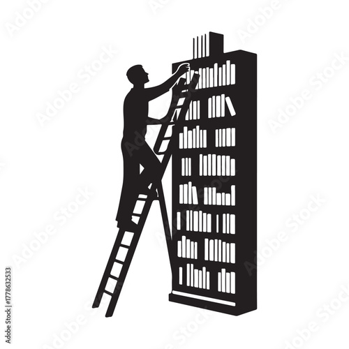 librarian climbing ladder vector silhouette clip art logo design illustration