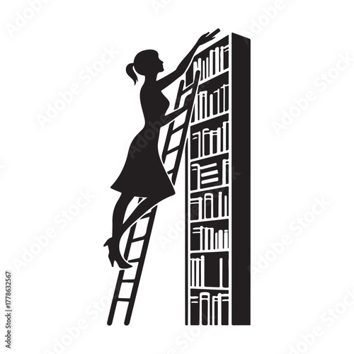 librarian climbing ladder vector silhouette clip art logo design illustration