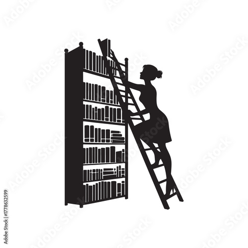 librarian climbing ladder vector silhouette clip art logo design illustration