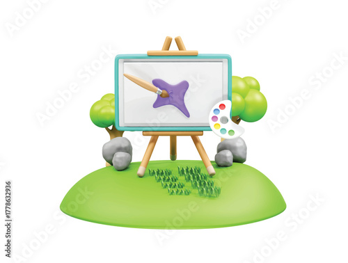 Painting Easel with Palette in Nature painting canvas icon illustration 3d render