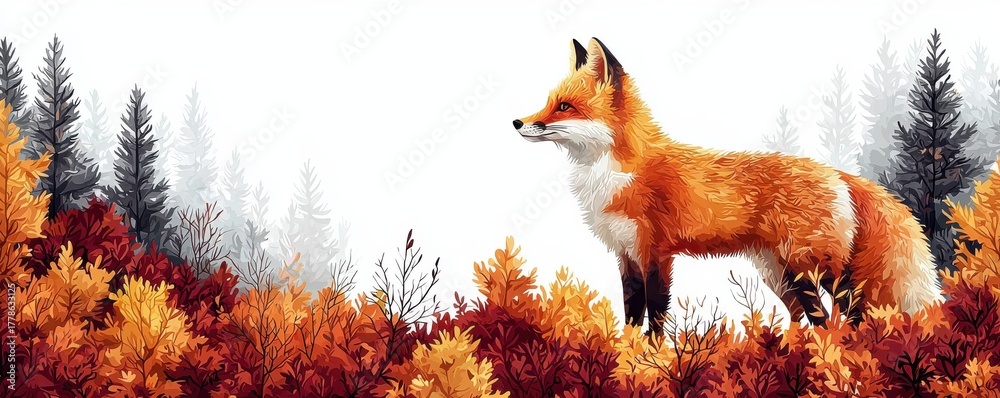 Obraz premium Paper-cut style illustration of a fox in an autumn forest landscape