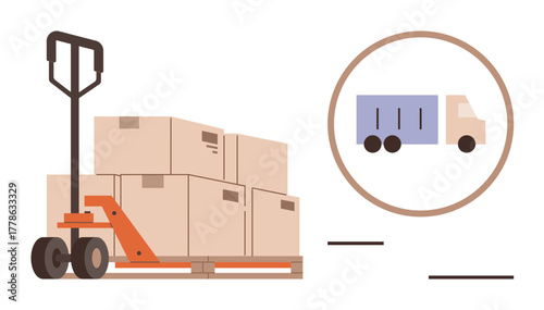 Hand pallet jack carrying boxes, highlighting shipping, delivery, transport. Ideal for logistics, supply chain, warehouse, cargo freight storage distribution. A simple flat metaphor