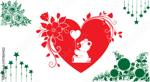 Cute bear holding a heart balloon inside a floral heart for valentine's day card