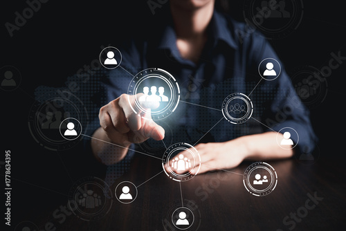 CRM concept integrates digital customer management, global network interface, offering ideal customer relationship strategies, marketing automation, sales solutions to enhance business performance.