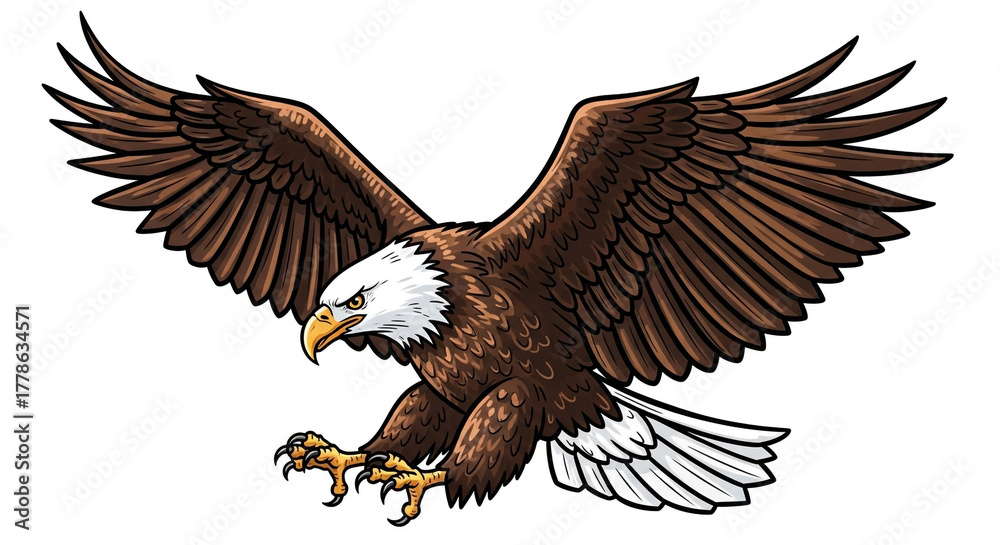 Obraz premium Majestic bald eagle soaring with powerful wings spread wide, symbolizing freedom and strength in flight