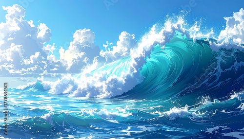Fototapeta Naklejka Na Ścianę i Meble -  Vivid illustration of an ocean wave crashing under a bright blue sky, puffy clouds dot the horizon