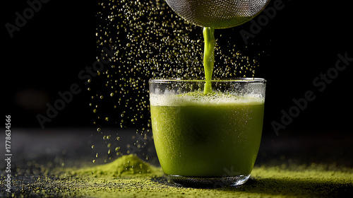 Matcha powder being sifted into glass with vibrant green tea pouring, fine particles scattering and creating energizing, fresh mood