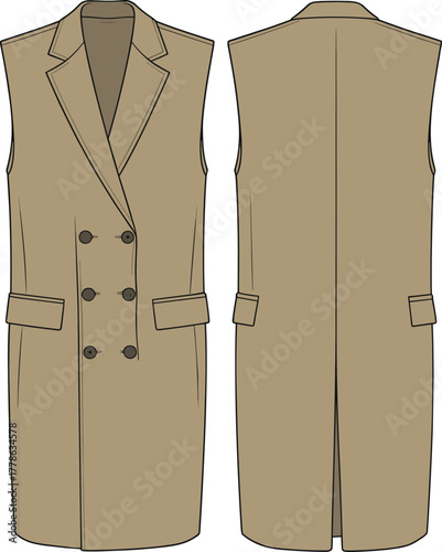 Long sleeveless trench coat for women with double breasted closure, front and back view, CAD drawing flat vector illustration design