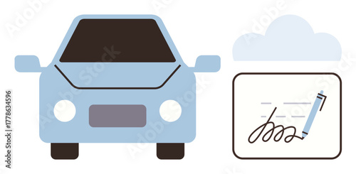 Blue car front view with cloud and digital signature board. Ideal for auto finance, contracts, e-commerce, car rental, insurance claims, digital transactions, simple flat metaphor