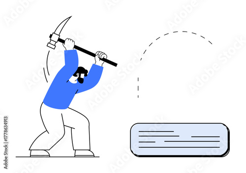 Man swinging pickaxe to extract information represented as a large block of text. Ideal for data extraction, mining, hard work, effort, research, technology, and determination. Simple flat metaphor