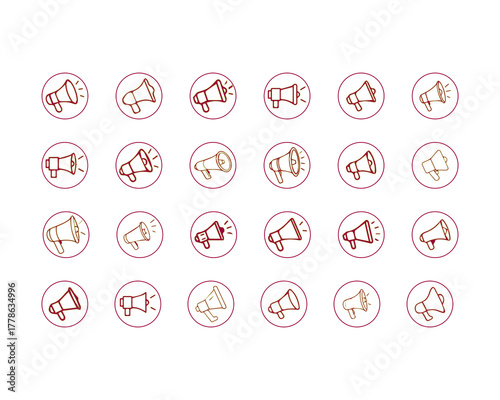 Megaphone icons set. Electric megaphone symbol with sound. Loudspeaker megaphone icon collection. Advertising concept. Flat and line style - stock vector