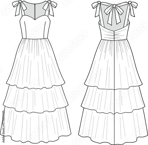 Long tiered maxi dress with shoulder tie straps, mesh bodice panel, romantic ruffle layers, back view included, cad drawing flat vector illustration