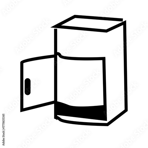 Minimalist black and white illustration of an open refrigerator, showing door compartments and shelves, isolated on white background.